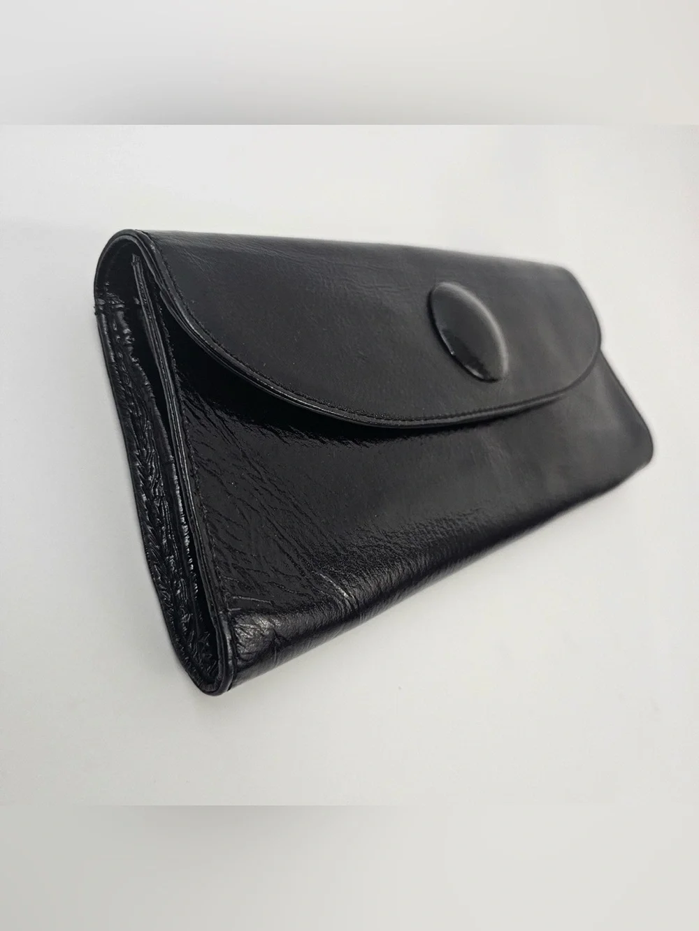 HOBO International Black Leather Foldover Clutch with Snap Accent